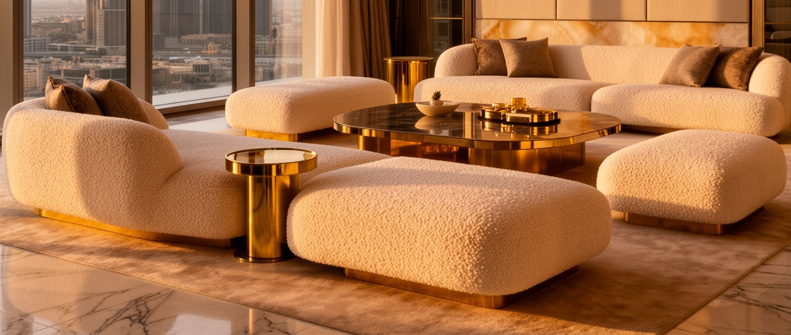 Cream bouclé sofas and ottomans with polished brass bases in a golden-hour city apartment