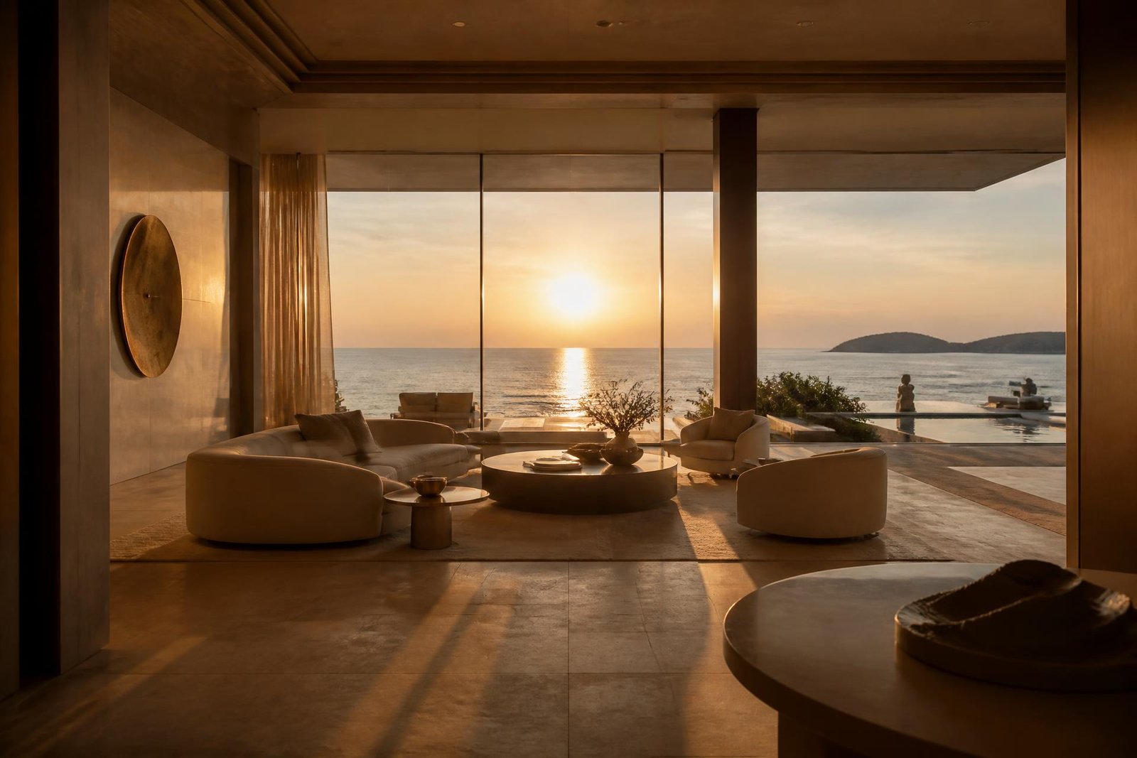 Open-plan living room of a clifftop residence looking out to the sea at sunset