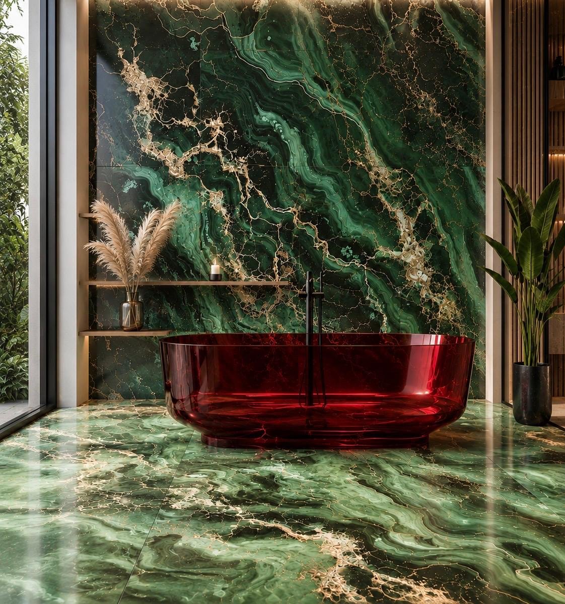 Book-matched green marble slab wall and floor behind a deep red translucent stone bath