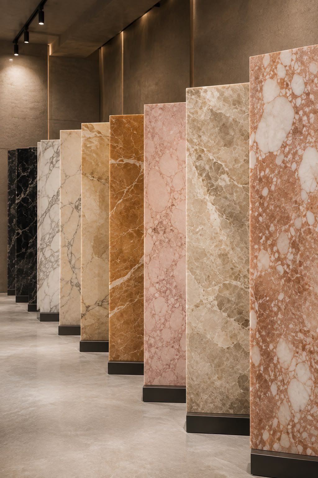 Polished marble slabs in graduated tones displayed upright in a softly lit stone showroom