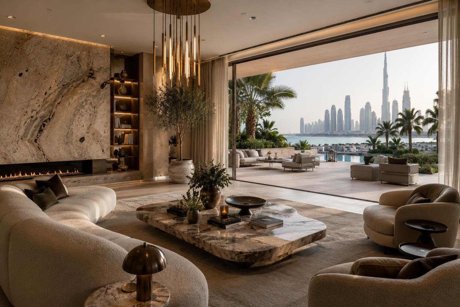 Luxury interior living space with panoramic city views