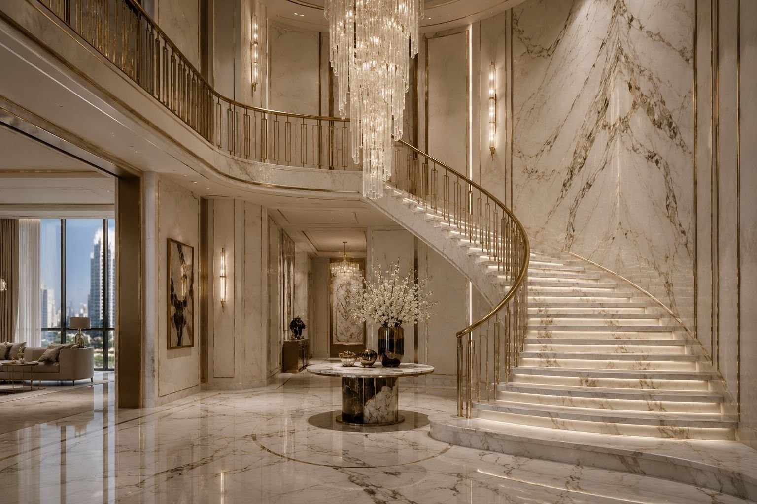 Grand marble staircase with crystal chandelier